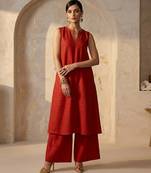 Red embroidered dupion silk co ord set