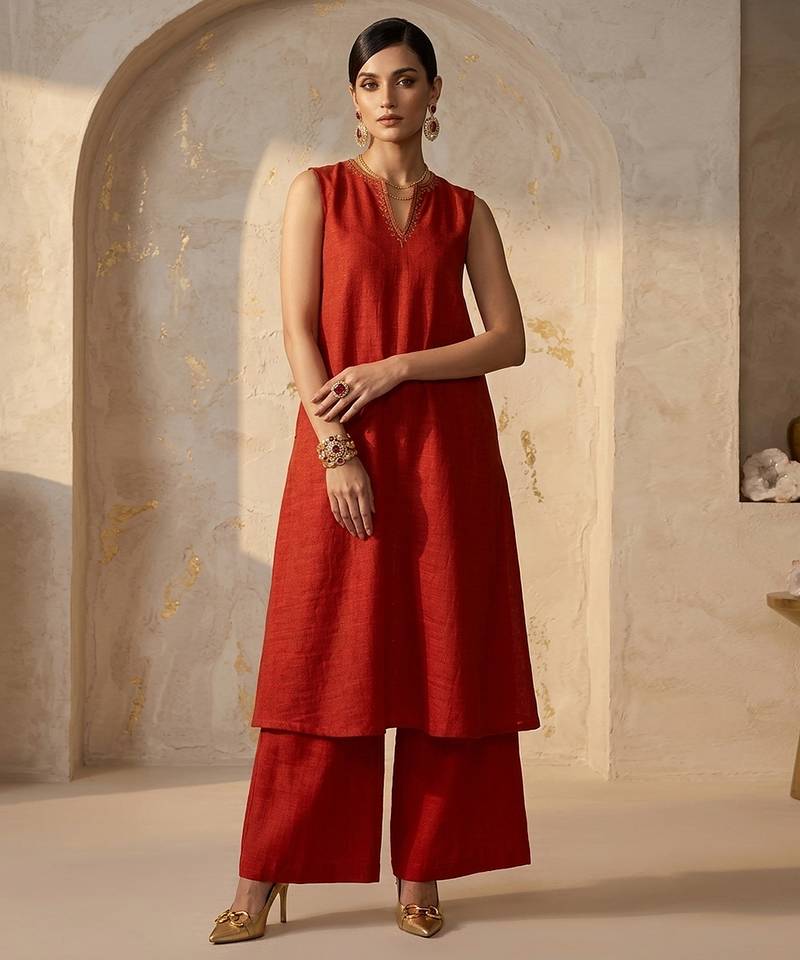 Red embroidered dupion silk co ord set