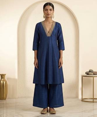 Royal blue embroidered dupion silk co ord set 1