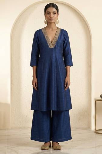 Royal blue embroidered dupion silk co ord set