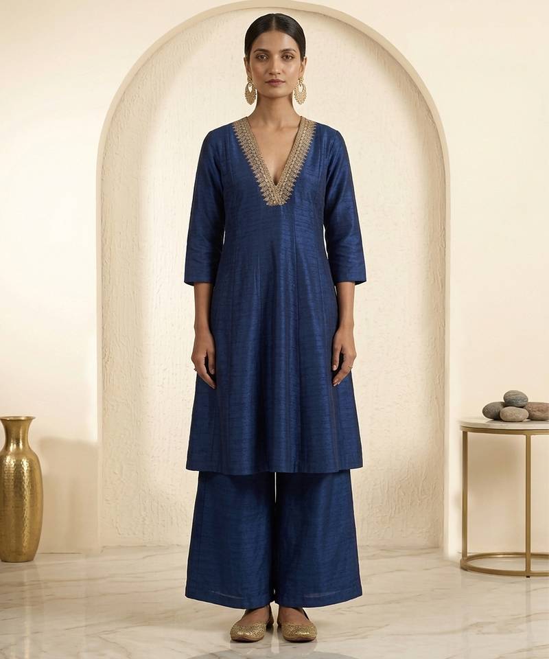 Royal blue embroidered dupion silk co ord set