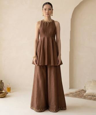 Brown embroidered dupion silk co ord set 1