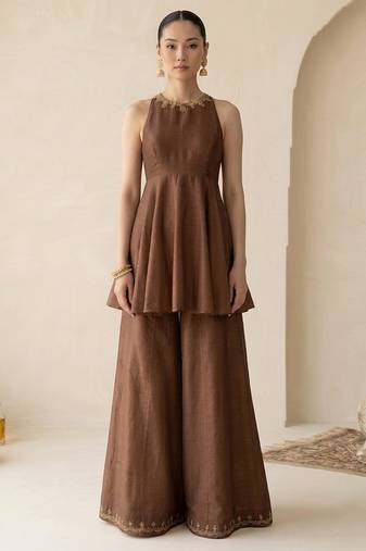 Brown embroidered dupion silk co ord set
