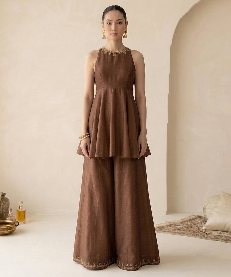 Brown embroidered dupion silk co ord set