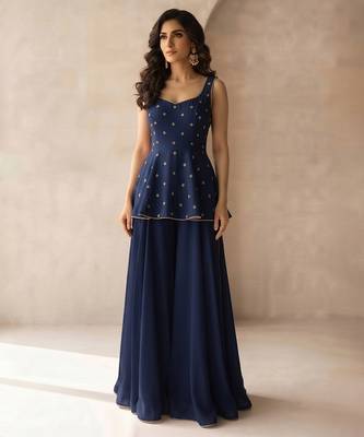 Navy blue embroidered georgette co ord set 1
