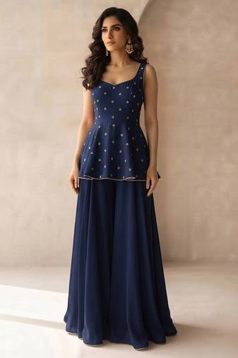 Navy blue embroidered georgette co ord set