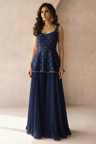 Navy blue embroidered georgette co ord set