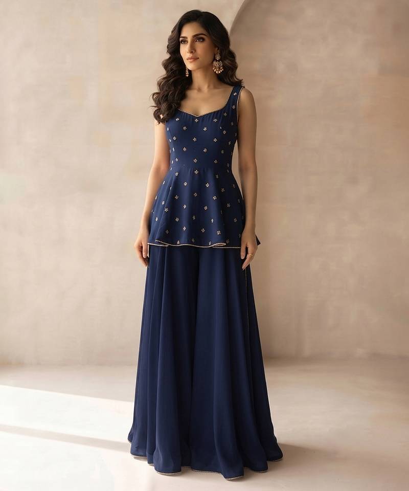 Navy blue embroidered georgette co ord set