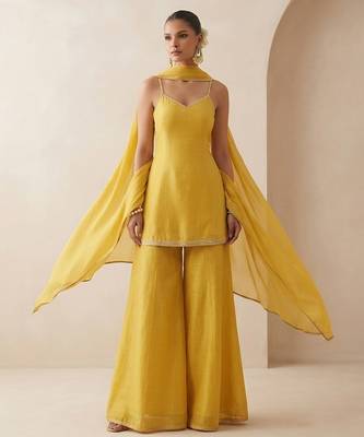 Mustard yellow dupion silk sharara set 1