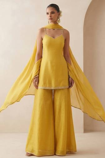 Mustard yellow dupion silk sharara set