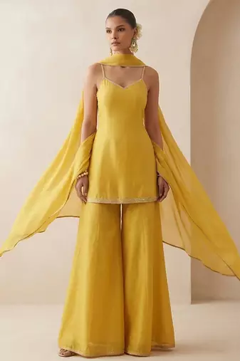 Mustard yellow dupion silk sharara set