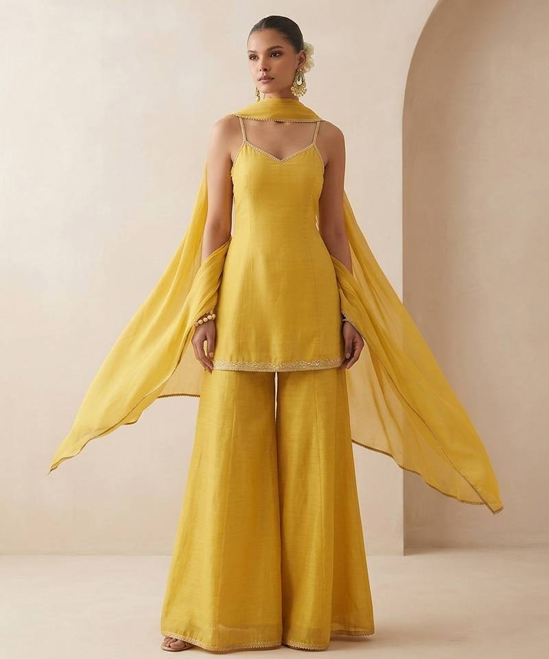 Mustard yellow dupion silk sharara set