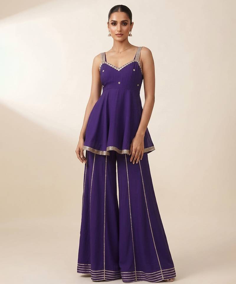 Purple embroidered georgette co ord set