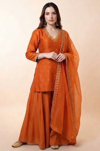 Rust orange embroidered dupion silk sharara set
