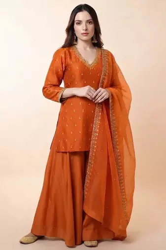 Rust orange embroidered dupion silk sharara set