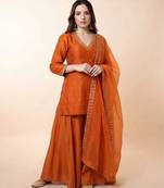 Rust orange embroidered dupion silk sharara set