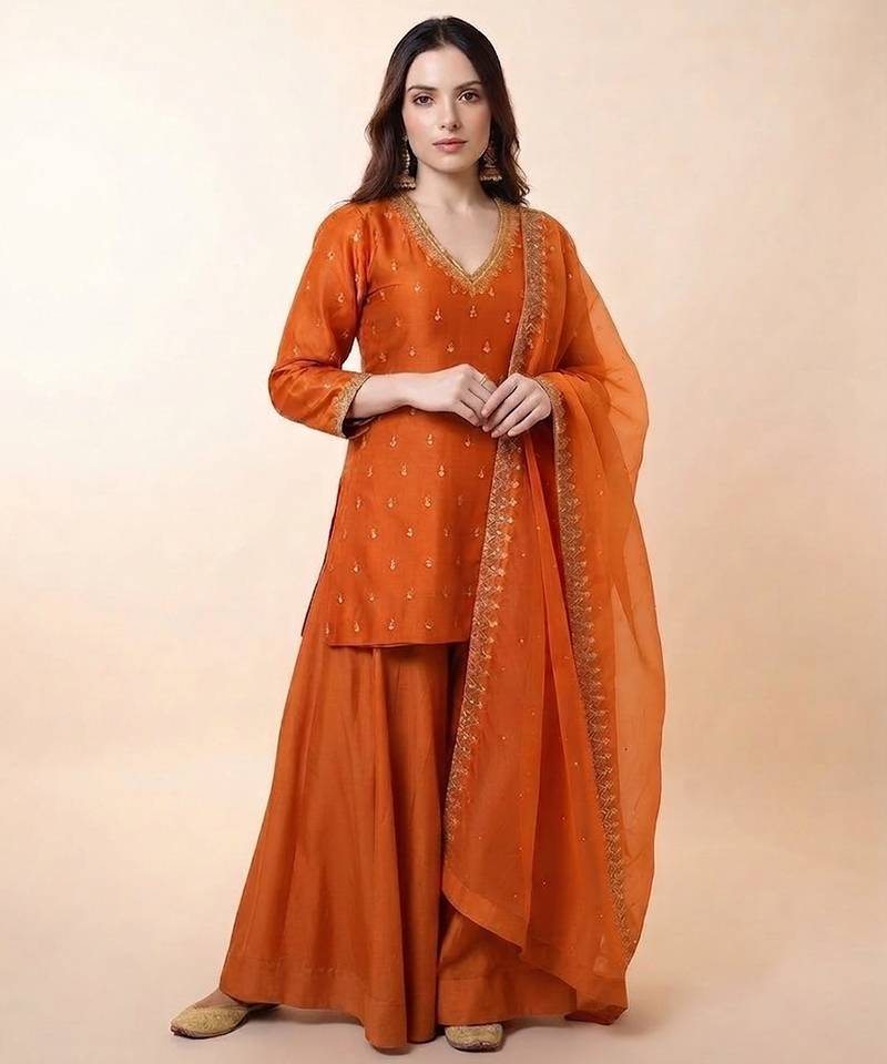 Rust orange embroidered dupion silk sharara set
