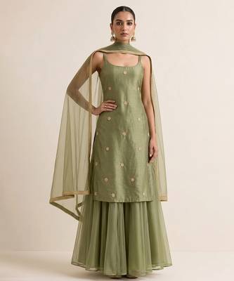 Sage green embroidered dupion silk sharara set 1