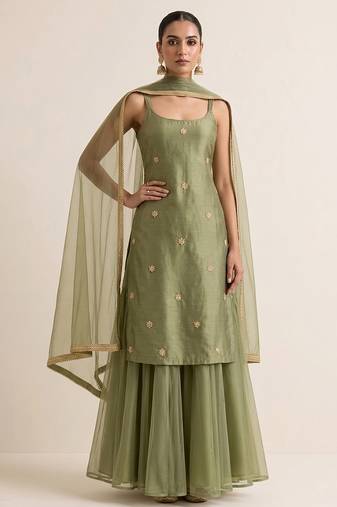 Sage green embroidered dupion silk sharara set