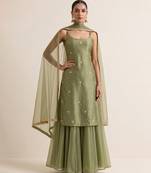 Sage green embroidered dupion silk sharara set