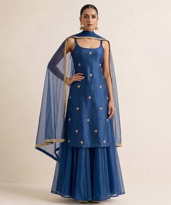 Royal blue embroidered dupion silk sharara set 1