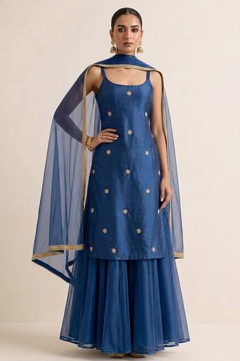 Royal blue embroidered dupion silk sharara set