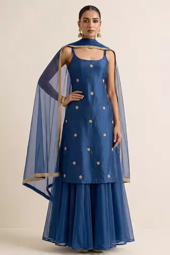 Royal blue embroidered dupion silk sharara set