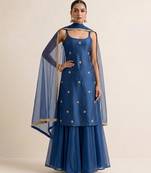 Royal blue embroidered dupion silk sharara set