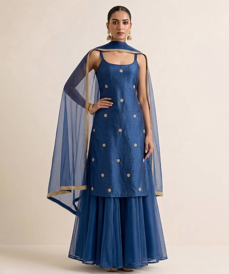 Royal blue embroidered dupion silk sharara set