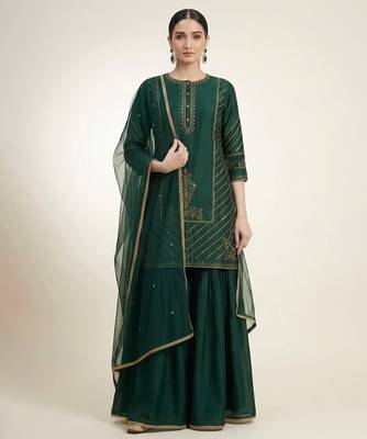Emerald green embroidered dupion silk sharara set 1