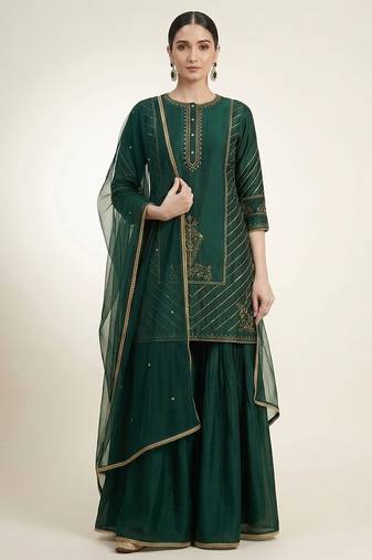 Emerald green embroidered dupion silk sharara set