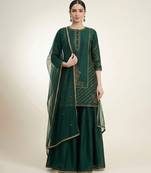 Emerald green embroidered dupion silk sharara set