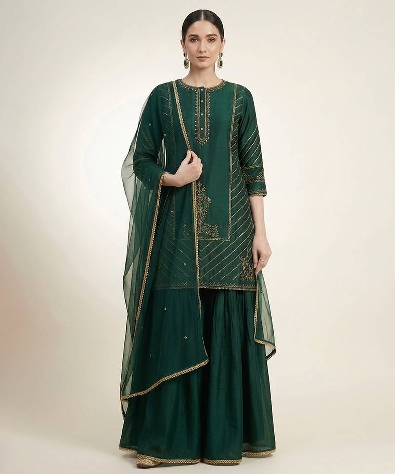 Emerald green embroidered dupion silk sharara set