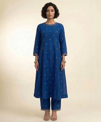 Royal blue embroidered dupion silk co ord set 1