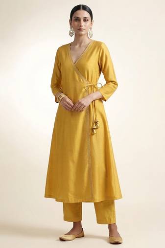 Mustard yellow embroidered dupion silk angrakha set