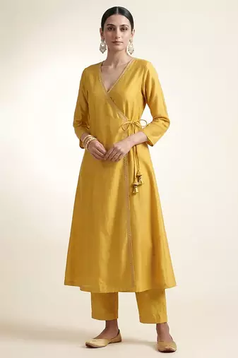 Mustard yellow embroidered dupion silk angrakha set