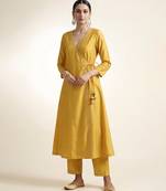 Mustard yellow embroidered dupion silk angrakha set