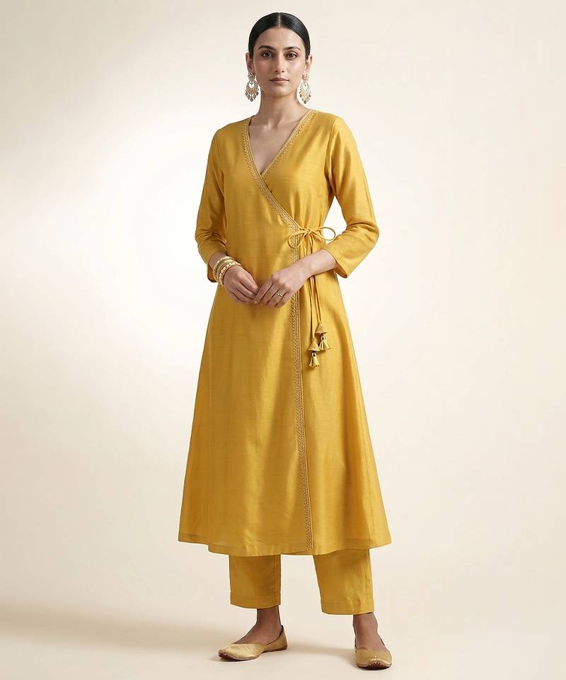 Mustard yellow embroidered dupion silk angrakha set