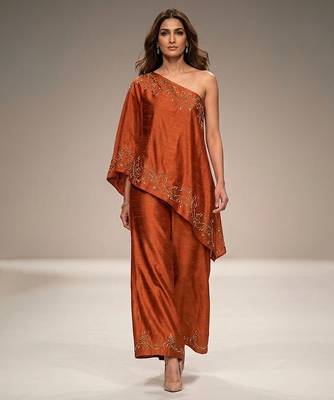Rust orange embroidered raw silk co ord set 1