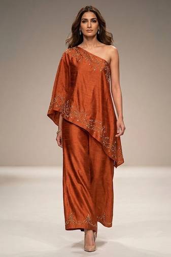 Rust orange embroidered raw silk co ord set