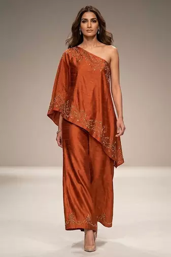 Rust orange embroidered raw silk co ord set