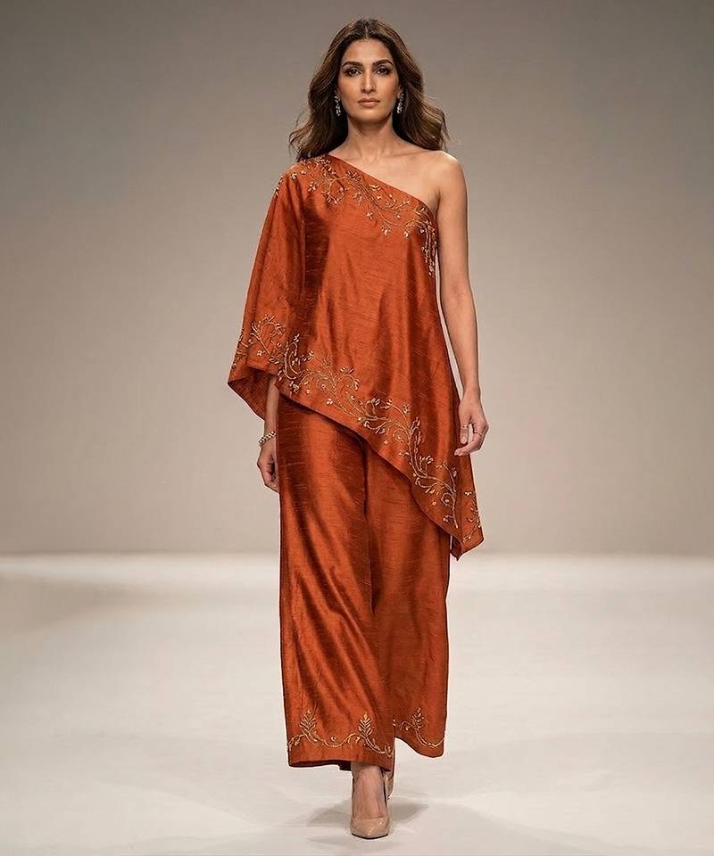 Rust orange embroidered raw silk co ord set