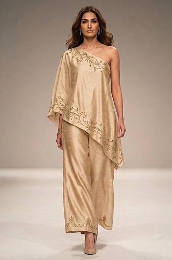 Champagne gold embroidered raw silk co ord set