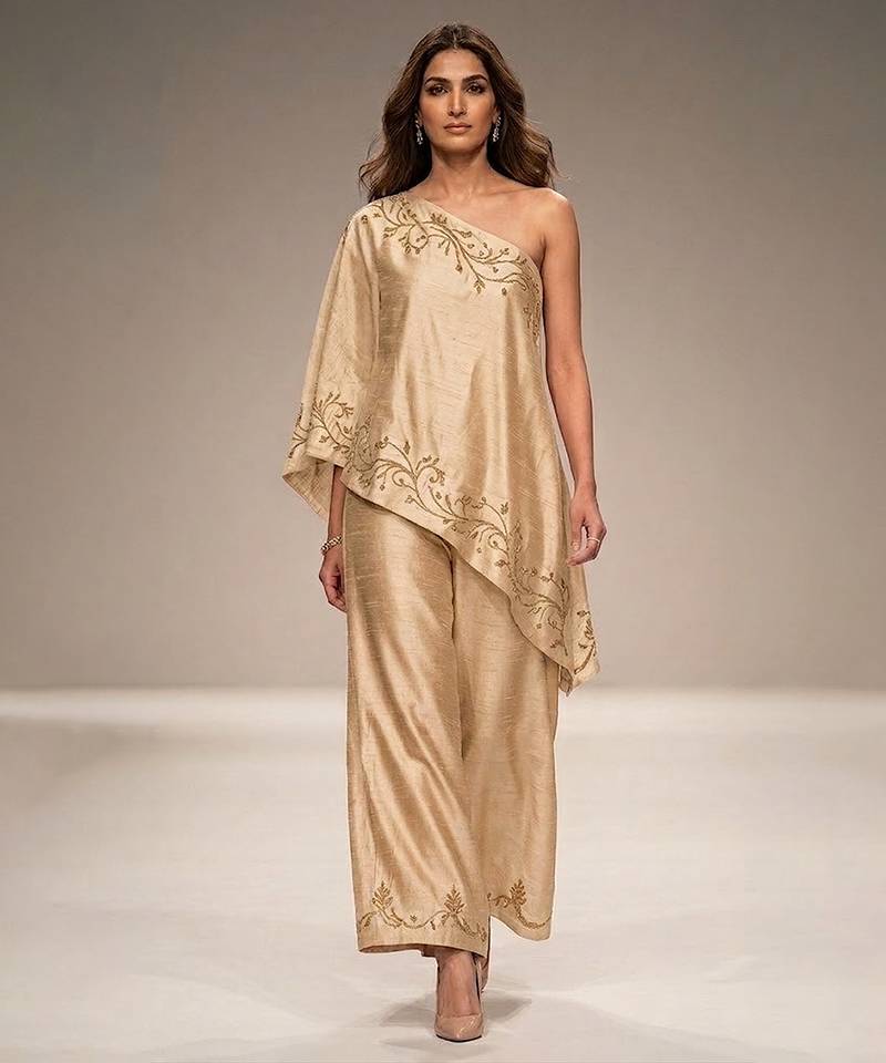 Champagne gold embroidered raw silk co ord set