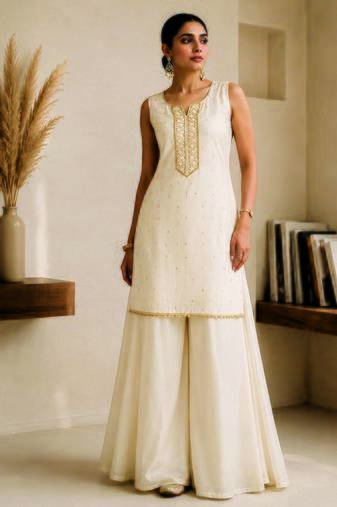 Ivory embroidered georgette co ord set