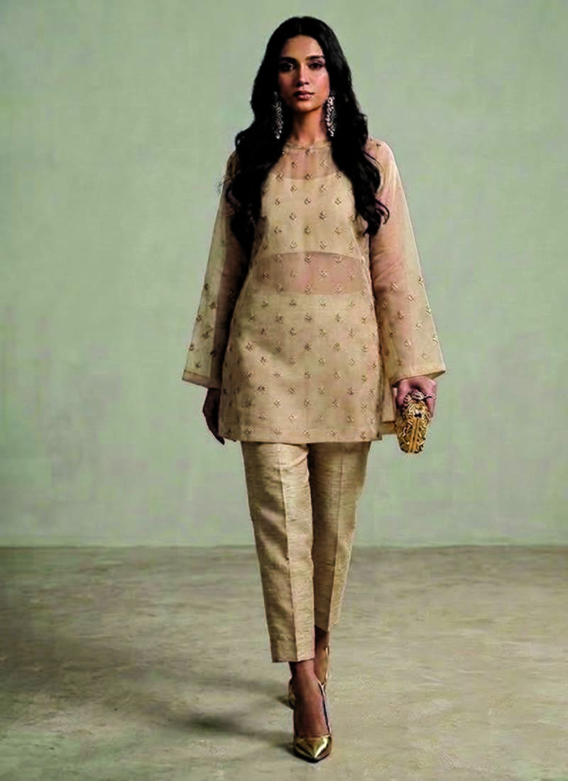 Nude beige embroidered organza co ord set