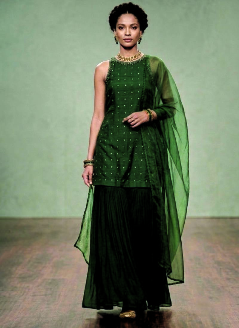 Emerald green embroidered georgette sharara set