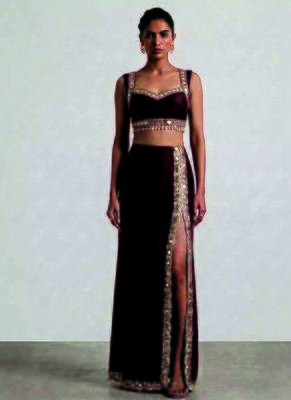 Burgundy embroidered dupion silk co ord set 1