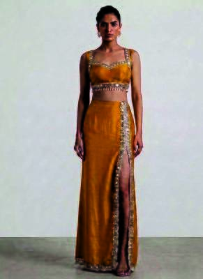 Mustard yellow embroidered dupion silk co ord set 1