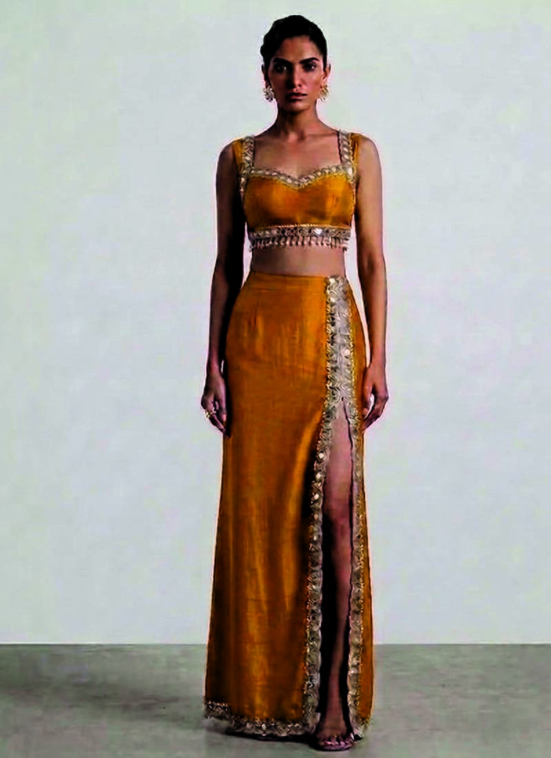 Mustard yellow embroidered dupion silk co ord set